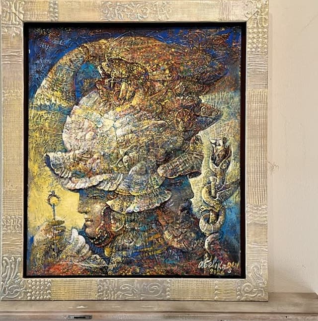Janus — Oil on canvas, 70 × 60 cm (2026). Abel Karen Kazinyan.