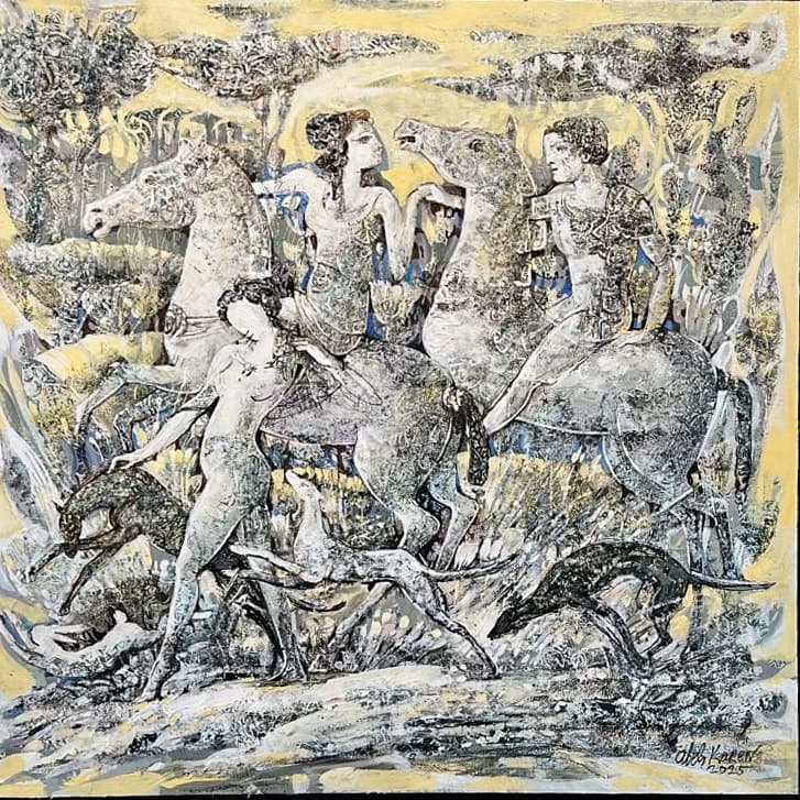 The Promenade — Oil on canvas, 90 × 90 cm (2025). Abel Karen Kazinyan.